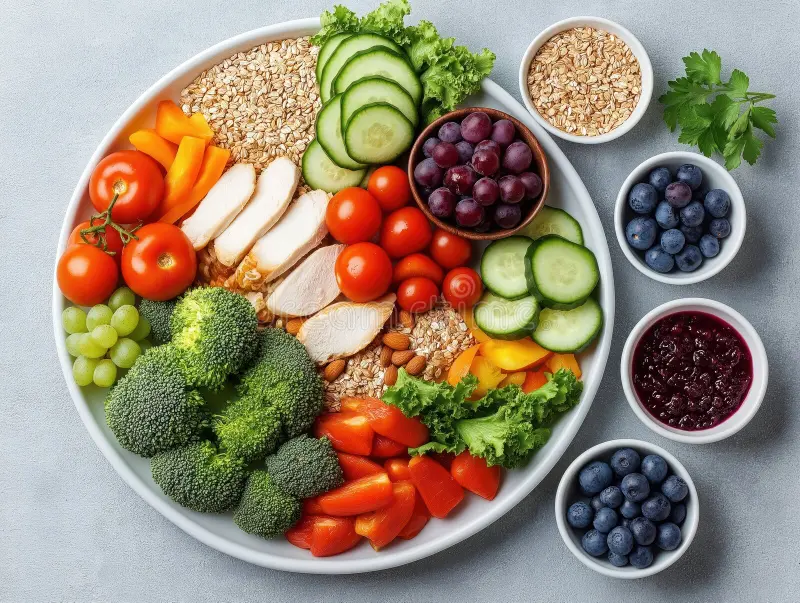 Balanced plate with vegetables, whole grains, and lean protein arranged for everyday meals